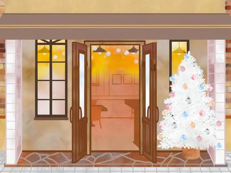 カフェのイラスト　ホワイトツリー カフェ,店舗,正面,喫茶店,飲食店,店先,街角,クリスマス,クリスマスツリー,飾りのイラスト素材