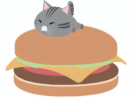 ハンバーガーとさばとら猫 ハンバーガー,猫,さばとら,動物,かわいい,ファストフードのイラスト素材