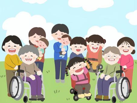 外出を楽しむ高齢者と障がい児とその家族 インクルーシブ,車椅子,バギー,高齢者,脳性麻痺,肢体不自由,病気,怪我,福祉用具,障がいのイラスト素材