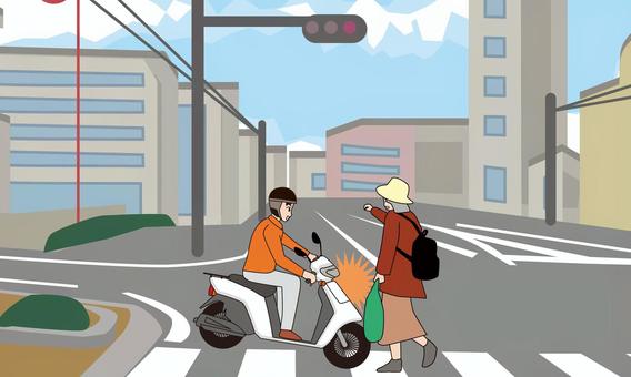 交通事故-原付 交通事故,横断歩道,交差点,衝突,原付,年配,女性,歩行者,被害者,男性のイラスト素材