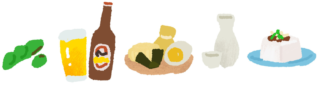 飲み会セット(ビール・おでん・枝豆など) 飲み会セット(ビール・おでん・枝豆など) 飲み会,ビール,枝豆,おでん,日本酒,冷奴,豆腐のイラスト素材