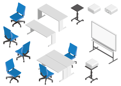オフィス_1-アイソメトリック オフィス,デスク,机,チェア,椅子,ホワイドボード,スクリーン,プロジェクター,対面,プレゼンのイラスト素材