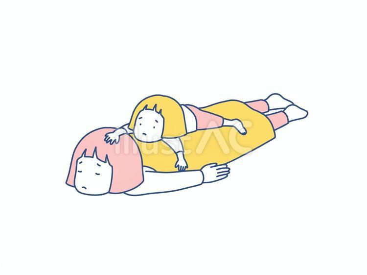 落ち込む女性を心配する子供のイラスト 女性,母親,疲労のイラスト素材