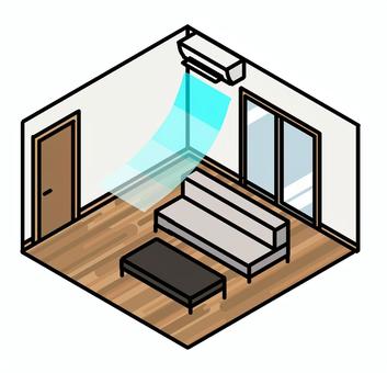 エアコンの効いた部屋 アイソメトリック,室内,リビング,家具,部屋,家,一人暮らし,エアコン,ソファ,テーブルのイラスト素材