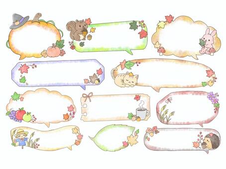 秋の吹き出し　色付き 秋,吹き出し,どんぐり,リス,ハロウィン,かぼちゃ,りんご,ぶどう,ハリネズミ,カカシのイラスト素材