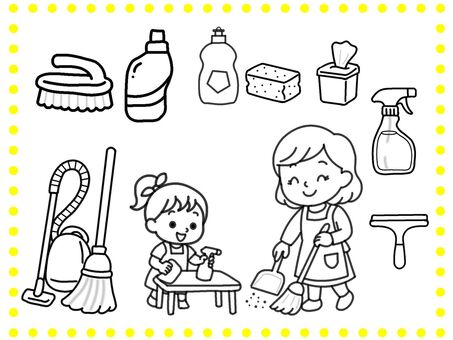 お手伝い　０２　ぬりえ ぬりえ,かわいい,お手伝い,掃除,趣味のイラスト素材