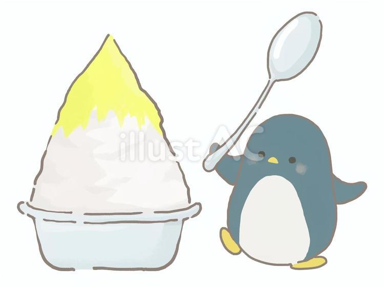 かき氷を食べようとするペンギンのイラスト かき氷,ペンギン,スプーンのイラスト素材