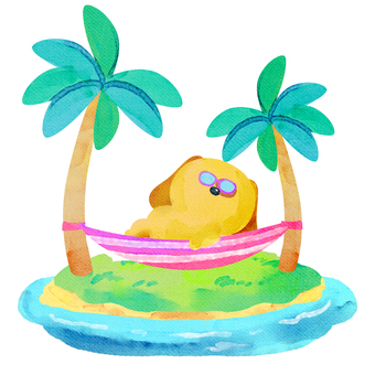 水彩画_ハンモックで寝る_03 犬,動物,手描き,水彩画,水彩,水彩風,水彩画風,夏休み,バカンス,南の島のイラスト素材