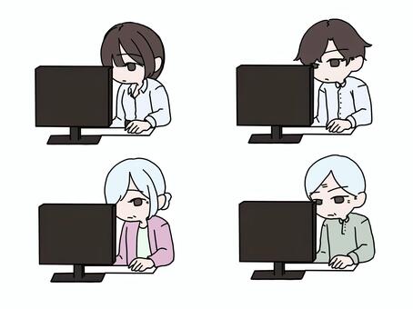 パソコンで作業をしている老若男女のセット パソコン,作業,男性,女性,セット,老若男女,高齢者,シニア,電子機器,仕事のイラスト素材