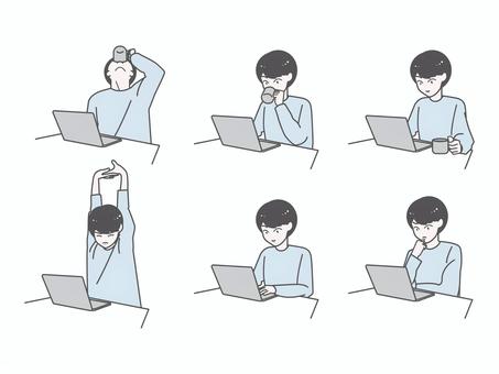 在宅PC作業男性｜休憩中の動作セット 男性,pc,仕事,在宅,テレワーク,ビジネス,休憩,コーヒー,リラックス,作業中のイラスト素材