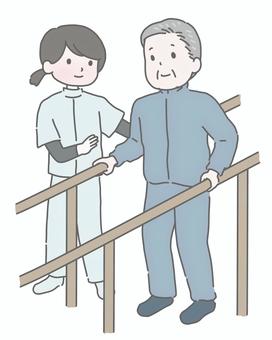 おじいさんの歩行訓練と女性介護士 歩行,訓練,リハビリ,シニア,介護士,理学療法士,介助,平行棒,介護,病院のイラスト素材