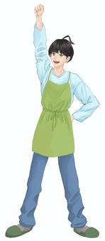 エプロンの男の子 エプロン,掃除,家事,手伝い,少年,男性,長袖,ガッツポーズ,頑張る,スリッパのイラスト素材
