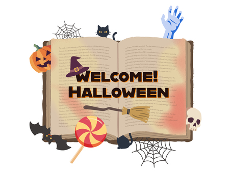ハロウィンイラスト　ハロウィン世界の本 ハロウィン,かぼちゃ,手描き,おばけ,halloween,文字,イラスト,本,秋,10月のイラスト素材