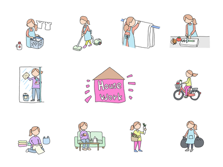 ハウスワーク①　カラー ハウスワーク,ハウスキーピング,家事,ママ,お母さん,女性,手書き,線画,フリーハンド,カラーのイラスト素材