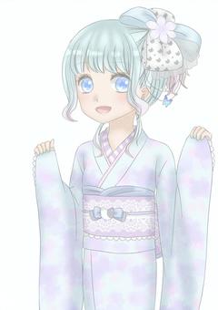 女の子 人物,女の子,キャラクター,着物,和服,水色,パステルカラー,正月,かわいい,淡いのイラスト素材