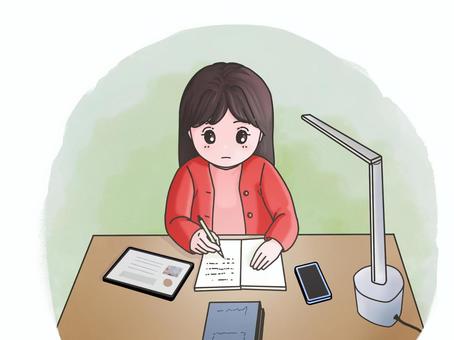 勉強をする女の子のイラスト 女の子,勉強,机,ノート,ペン,スマホ,タブレット,本,教科書,照明のイラスト素材