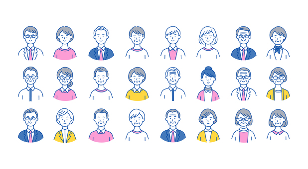 幅広い年代の人物アイコンセット02 人物,アイコン,顔,表情,男性,女性,若者,中年,高齢,社員のイラスト素材