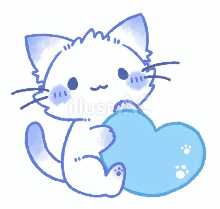 猫さんと大きなハートのイラスト　水色 猫,白猫,ハートのイラスト素材