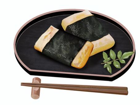 磯辺焼き26A（箸付き） 磯辺焼き,磯辺巻き,餅,磯辺餅,箸,黒半月盆,正月,2個,食べ物,日本食のイラスト素材