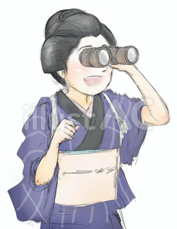 双眼鏡を覗く紺色の着物の女性 着物,和服,双眼鏡のイラスト素材