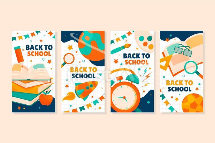 教科書や目覚まし時計などのバック・トゥ・スクールイラストセット バック・トゥ・スクール,新学期,ステッカーのイラスト素材