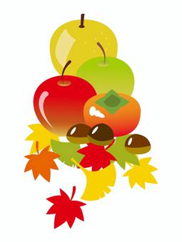 秋の果物と紅葉のイラスト素材 秋,果物,紅葉,りんご,梨,柿,栗,食べ物,味覚,フルーツのイラスト素材