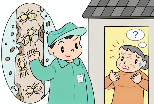 シロアリ駆除・点検商法 シロアリ駆除,点検商法,害虫駆除,悪徳業者,悪質業者,消費者トラブル,お婆さん,高齢者,社会問題,男性のイラスト素材