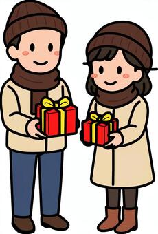 プレゼントを渡す茶色の男子女子です。 プレゼント,シンプル,渡す,ギフト,贈り物,シーン,祝う,イベント,パーティー,クリスマスのイラスト素材