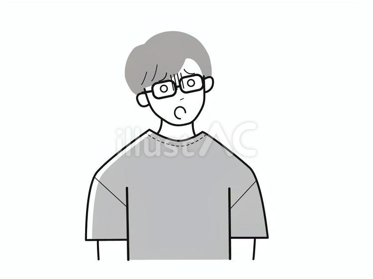 肩を落として放心する眼鏡男性／白黒 上半身,半袖,放心のイラスト素材