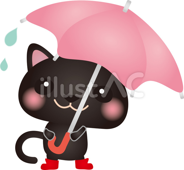 雨の日黒ねこ2 猫,傘,雨のイラスト素材