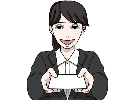 笑顔で名刺を渡すスーツ姿の女性 名刺,名刺交換,スーツ,女性,営業,スマイル,会社員,若い,社会人,仕事のイラスト素材