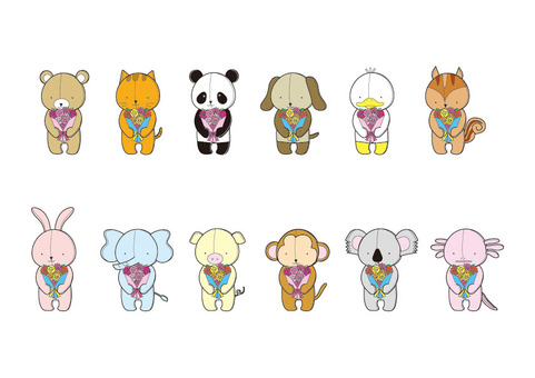 ちびぬい花束 ぬいぐるみ,動物,花束,ピンク系,お祝い,くま,ねこ,パンダ,いぬ,アヒルのイラスト素材