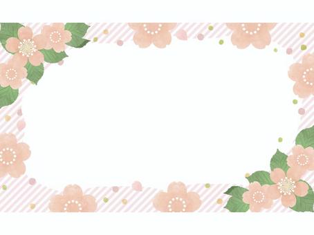 桜のピンクストライプフレーム(文字なし) フレーム,花,お花,葉っぱ,葉,植物,イラスト,デザイン,枠,飾り枠のイラスト素材