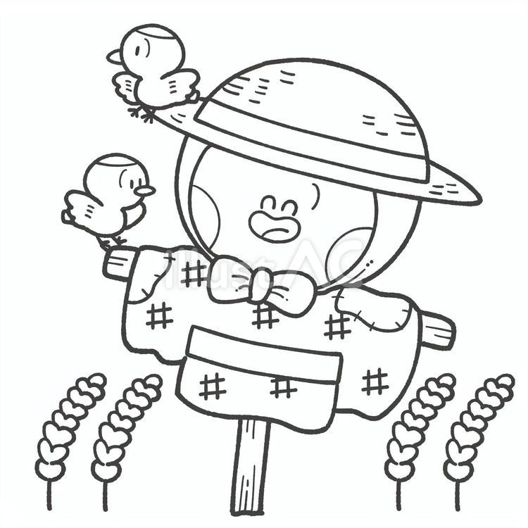 かわいいかかしの白黒手描きイラスト かかし,田んぼ,案山子のイラスト素材