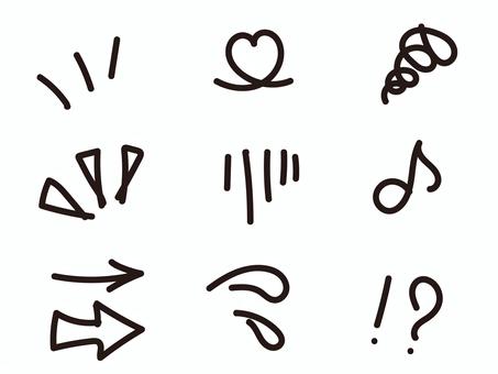 手描きのかわいいワンポイントセット 黒 手描き,セット,集中線,矢印,ハート,汗,もやもや,アクセント,ポイント,線のイラスト素材