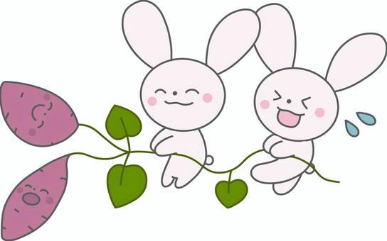 さつまいも掘りをするうさぎ うさぎ,さつまいも,芋掘り,秋,収穫,野菜,手描き,農業,食べ物,秋の味覚のイラスト素材