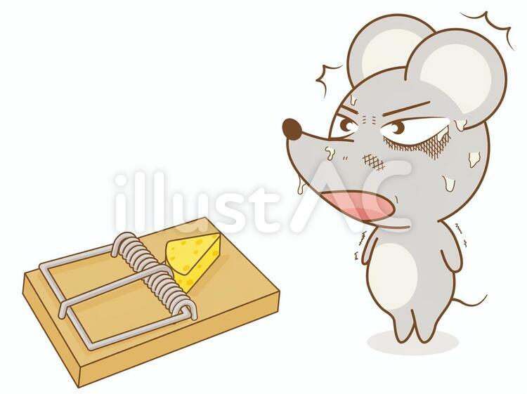 ネズミ捕りに焦るねずみ 子,ねずみ,ネズミ退治のイラスト素材