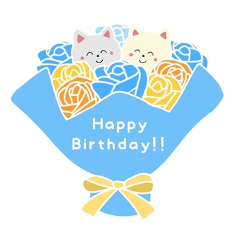 ネコのフラワーブーケ（誕生日祝い・青B） 誕生日,バースデー,お祝い,ネコ,花束,ブーケ,プレゼント,花,薔薇,かわいいのイラスト素材