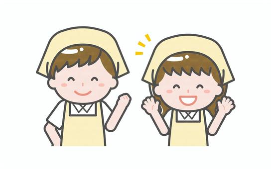 ミニ_2人_ハウスキーパーの男女02 男性,女性,大人,職業,ハウスキーパー,仕事,アルバイト,家事,スタッフ,エプロンのイラスト素材