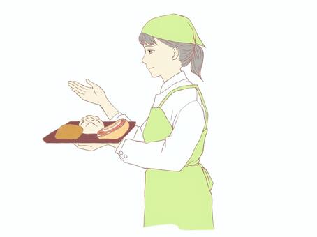 パン屋さん（着色） パン屋,トレイ,女性,人物,販売員,カレーパン,メロンパン,ホットドッグ,エプロン,三角巾のイラスト素材