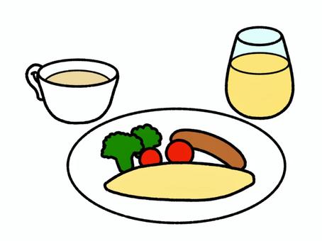 洋食の朝ごはん 洋食,朝ごはん,オムレツ,ソーセージ,オレンジジュース,コーンスープ,シンプル,食べ物のイラスト素材