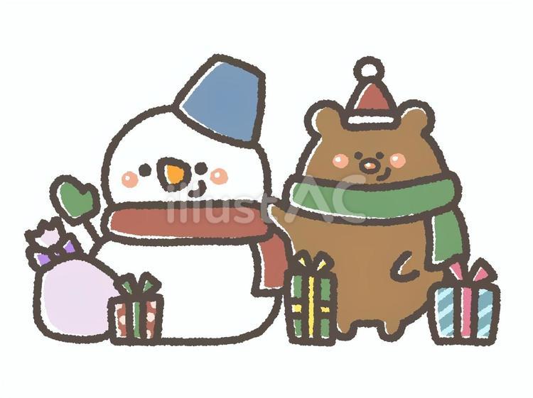 かわいいクマと雪だるま(クリスマス) 雪だるま,クマ,動物のイラスト素材