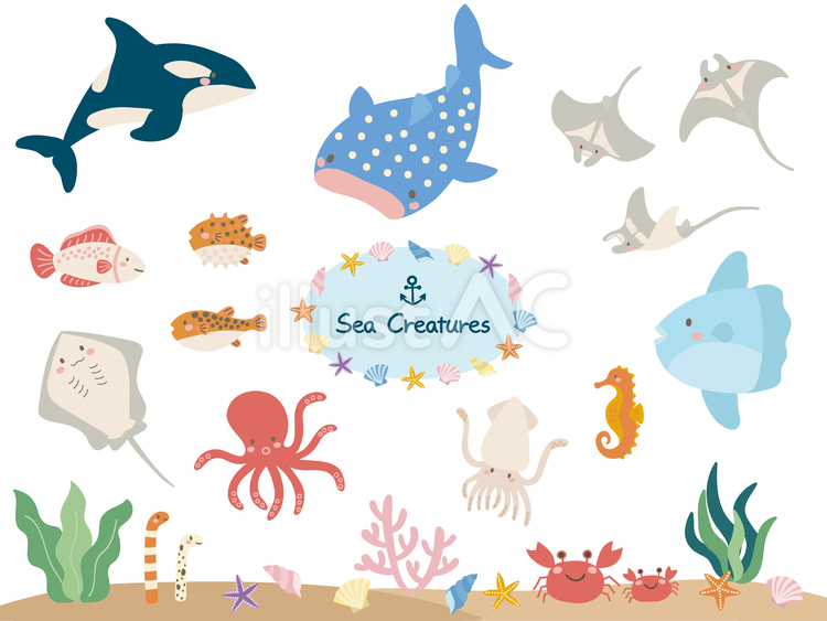 海の生き物セット０１ 海,海洋,大洋のイラスト素材