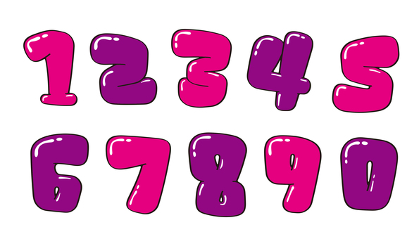 オリジナル数字セットE　ツヤ 数字,フォント,オリジナル,文字,フチ文字,袋文字,ポップ,ラフ,落書き風,手書き風のイラスト素材