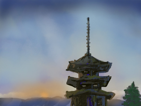 夕日とお寺の塔 風景,寺,塔,夕暮れ,月,龍,吉兆,リラックス,パステルカラー,思い出のイラスト素材