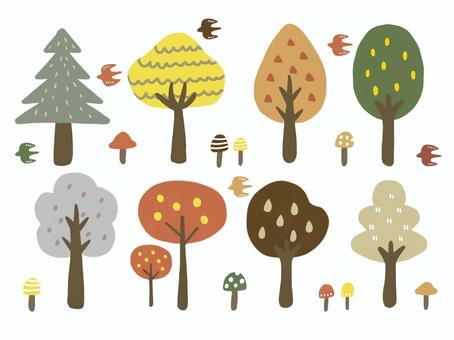 秋の森と木々のシンプルイラストセット 秋,森,木,林,樹木,きのこ,鳥,小鳥,森林,自然のイラスト素材