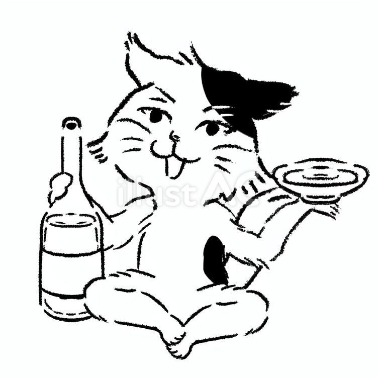 鳥獣戯画風_お酒を飲む_02 猫,動物,鳥獣戯画のイラスト素材