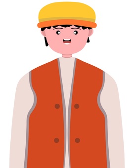 オレンジのベストを着た男性イラスト 男性,人物,笑顔,ベスト,帽子,オレンジ,上半身,キャラクター,かわいい,若者のイラスト素材