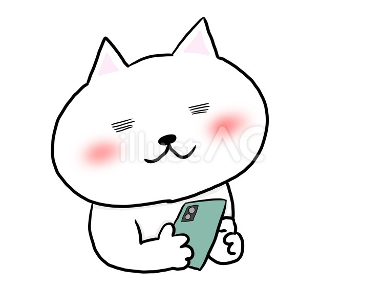 スマホを使う白猫 ネコ,手描き,かわいいのイラスト素材