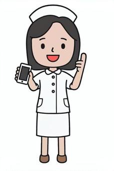 スマホを紹介する人 人物,スマホ,案内,いいね,ok,ワンポイント,笑顔,看護婦,ナース服,病院のイラスト素材
